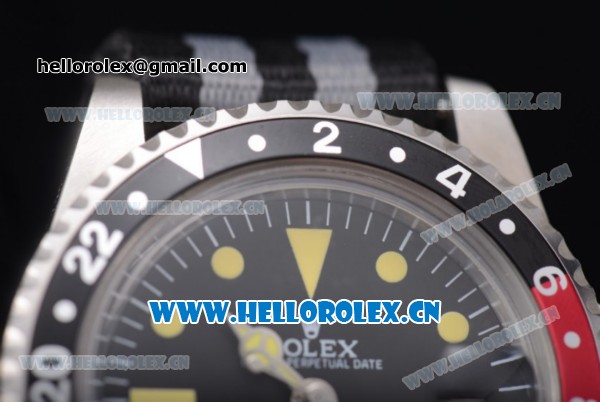 Rolex GMT-Master Asia 2813 Automatic Steel Case with Black Dial Black/Grey Nylon Strap and Yellow Markers - Click Image to Close